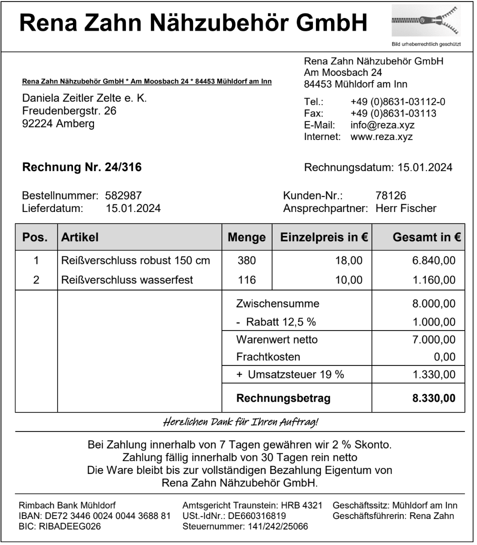 Schwarz-weiße Rechnung mit Firmenkopf, Adressen, Artikeltabelle, Preisen und Gesamtbetrag